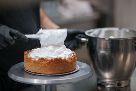 catering chef preparing key lime pie in pro kitchen