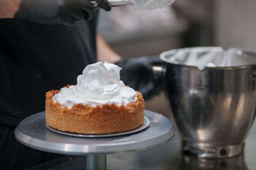 catering chef preparing key lime pie in pro kitchen