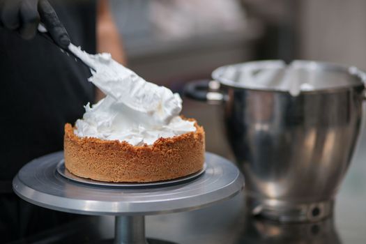 catering chef preparing key lime pie in pro kitchen