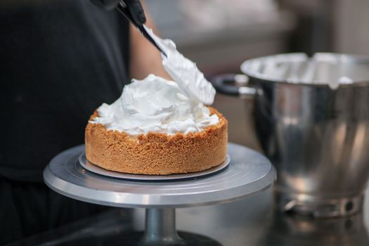 catering chef preparing key lime pie in pro kitchen