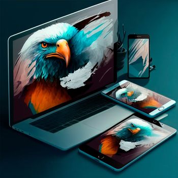 The eagle breaks out of the phone, tablet, laptop. Design, graphics.Image on tablet and phone side by side, graphics, graphic design. High quality illustration