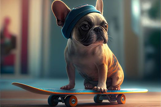 funny French bulldog in a blue hat rides a skateboard on the street. AI generative