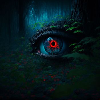 Big red eyes against the background of a gloomy mystical fores. High quality illustration