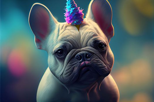Cute portrait of a brown puppy of French bulldog, with a purple unicorn horn on his head. AI generative. Vertical