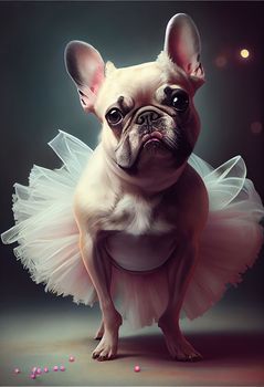 Funny white French bulldog dog dressed in a pink tutu. AI generative. Vertical