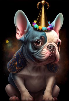 A French bulldog dog in a funny unicorn costume with a golden cone on its head sits on a dark background. AI generative. Vertical