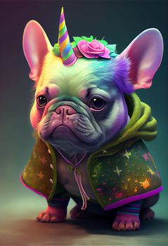 Cute French bulldog in a funny unicorn costume with a sitting on a dark green background in a multicolored neon light. Ai generative. Vertical