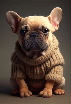 Portrait of a brown puppy French bulldog, dressed in a brown knitted sweater, sits on brown background. Ai generative