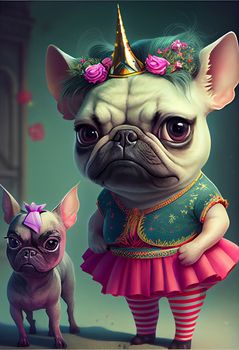 Funny French bulldog dog, standing in a skirt and with a golden unicorn horn on his head. There is a cute puppy nearby .AI generative. Vertical