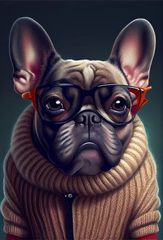 Cute portrait of a French bulldog, in glasses, dressed in a brown knitted sweater. Ai generative. Vertical