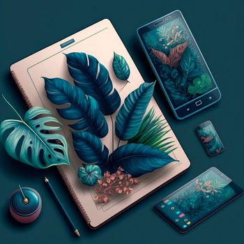 nature breaks out of the phone, tablet, laptop. Design, graphics. Image on tablet and phone side by side, graphics, graphic design. High quality illustration