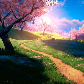 illustration of a fantasy spring world with bright sun and cherry blossoms. High quality illustration