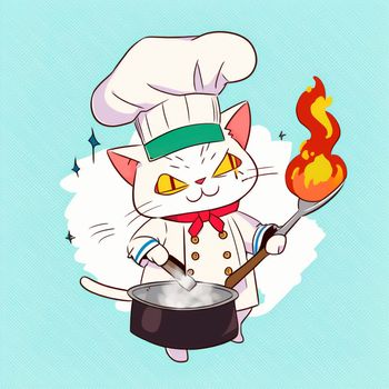 Cartoon image of a cook's cat in a chef's hat, who cooks something in the kitchen, cartoon. High quality illustration