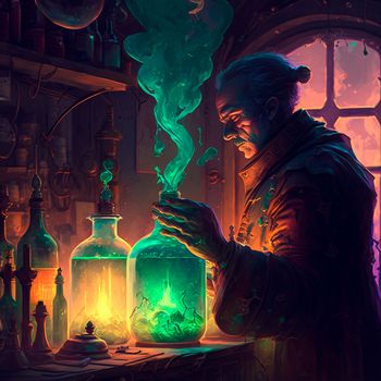 An alchemist mixes mysterious liquids in his laboratory. High quality illustration