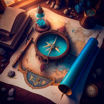travel map and compass on the table, pirate map. High quality illustration