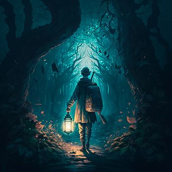 A man walks in the night, lighting his way with a lamp. High quality illustration