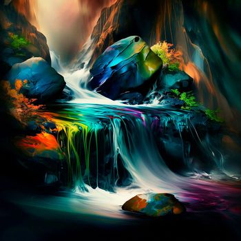 A rainbow stream splashes in the mountains. High quality illustration