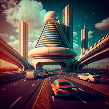 Futuristic city in retro style. Cars are driving on the highway. High quality illustration