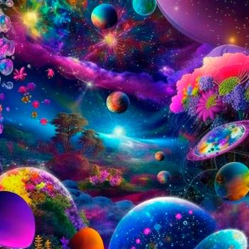 space background with different elements of rainbow colors. High quality illustration