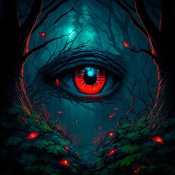 Big red eyes against the background of a gloomy mystical fores. High quality illustration