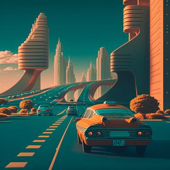 Futuristic city in retro style. Cars are driving on the highway. High quality illustration