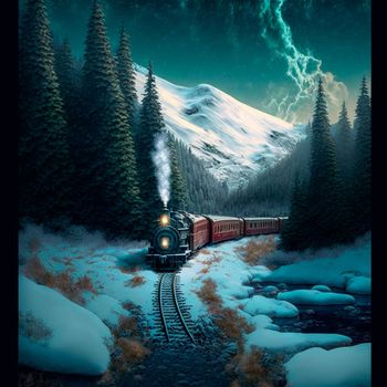Winter train rides in snowy mountains. A beautiful winter fairy tale. High quality illustration