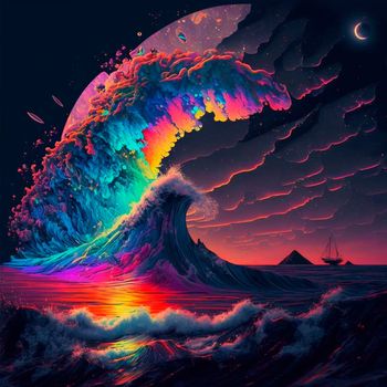 night beach with beautiful iridescent waves of different colors. High quality illustration