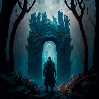 A man walks to the ruins of an ancient castle. High quality illustration
