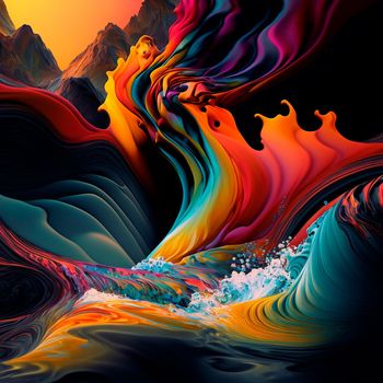 A rainbow stream splashes in the mountains. High quality illustration