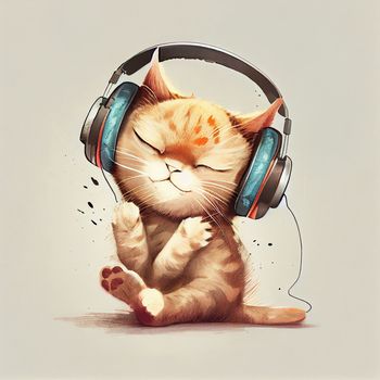 Funny red kitten in big blue headphones, listening to music with his eyes closed. Style hand drawning illustration. Ai generative