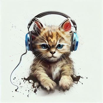 Adorable little kitten in big blue headphones. Style hand drawning illustration. Ai generative