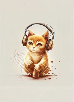 Cute ginger kitten in big headphones, listens to music. Style hand drawning illustration. Ai generative