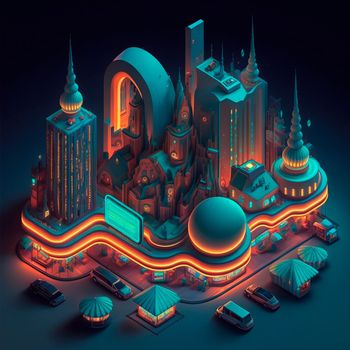 Life in the neon city at night. Bright lights, cars, cafes. Backlight, neon, isometry. High quality illustration