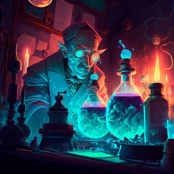 An alchemist mixes mysterious liquids in his laboratory. High quality illustration