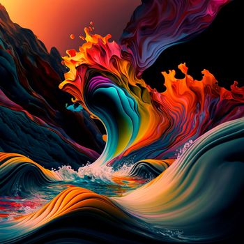 A rainbow stream splashes in the mountains. High quality illustration