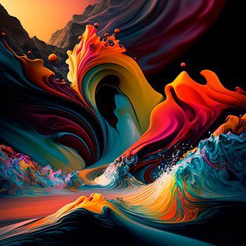 A rainbow stream splashes in the mountains. High quality illustration