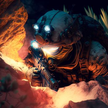soldier in a helmet and combat goggles during an operation in the desert. High quality illustration