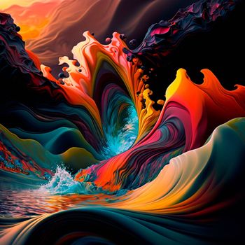 A rainbow stream splashes in the mountains. High quality illustration