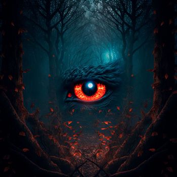 Big red eyes against the background of a gloomy mystical fores. High quality illustration