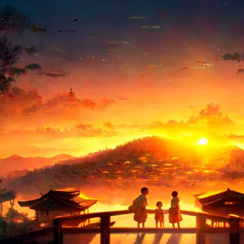 Happy family on a hill looking at the sun. High quality illustration