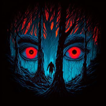 Big red eyes against the background of a gloomy mystical fores. High quality illustration