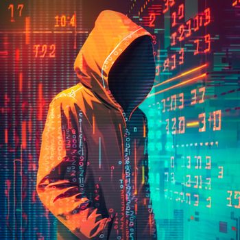 Hacker in an orange hood. Genius of the computer world. Numbers and Matrix. High quality illustration