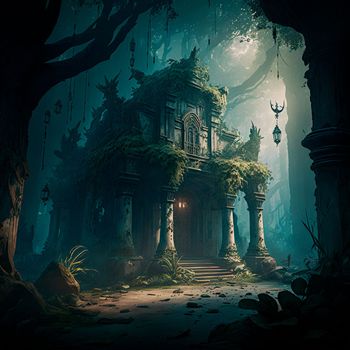mysterious ruins in the forest. High quality illustration