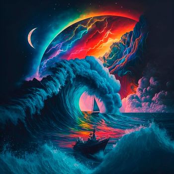 night beach with beautiful iridescent waves of different colors. High quality illustration