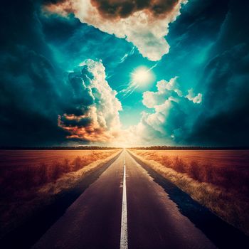 Stunningly beautiful view of the road and the sky, the road going to the sky. Symbolism of the life path. High quality illustration