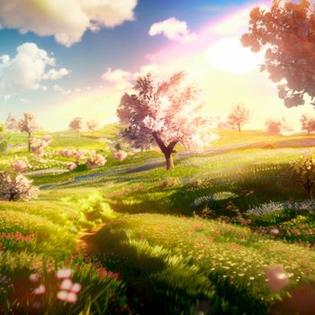 illustration of a fantasy spring world with bright sun and cherry blossoms. High quality illustration