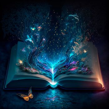 An open magic book with fairy tales. High quality illustration