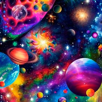 space background with different elements of rainbow colors. High quality illustration