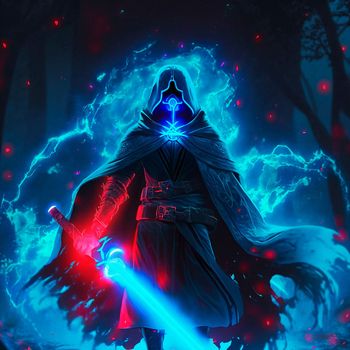 Mysterious black knight with a flaming sword in anime style. High quality illustration