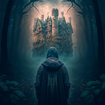 A man walks to the ruins of an ancient castle. High quality illustration